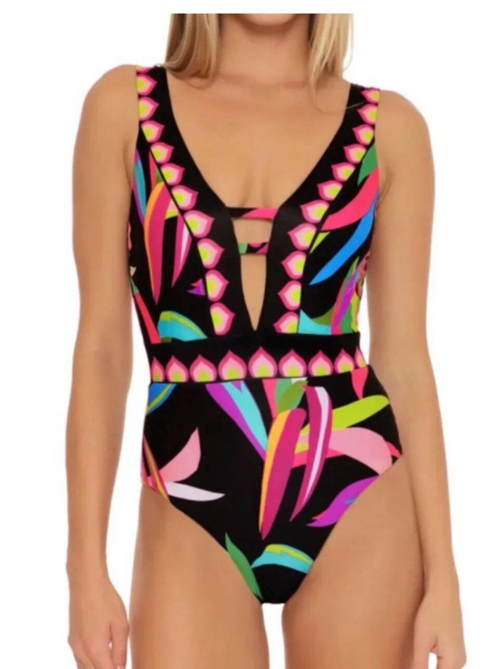 Trina Turk Black One-Piece Swimsuit with Bright Floral Print- Size 8